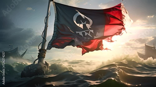 Abstract animation pirate ship flag. Dynamic, nautical adventure, animated waves, pirate flag, Jolly Roger, swashbuckling, seafaring, thrilling, high seas. Generated by AI.