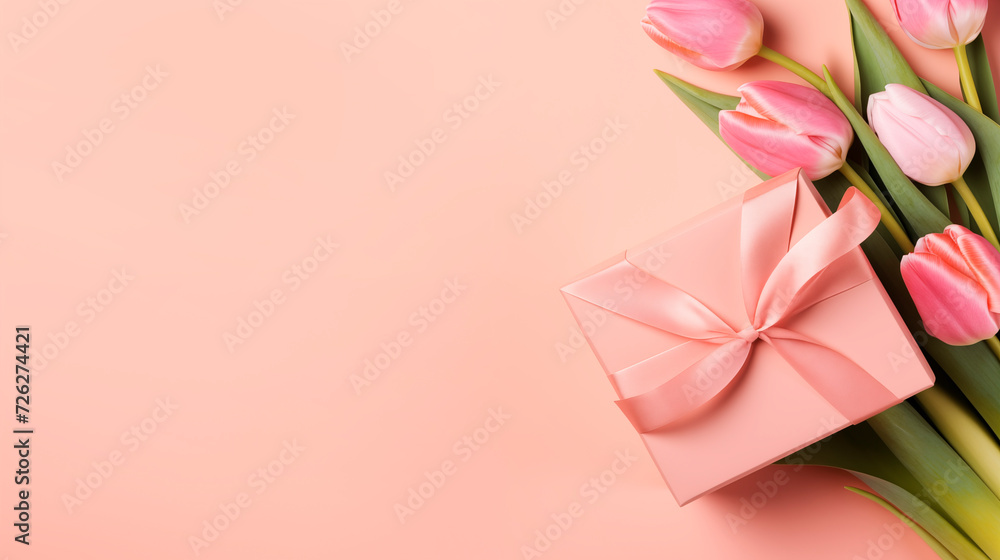 Top view of a bouquet of tulips and a gift box with a ribbon bow. Gift and pink tulips on a pastel pink background with copy space. Mother's Day and Valentine's Day concept Top view of a bouquet of tulips and a gift box with a ribbon bow. Gift and pink tulips on a pastel pink background with copy space. Mother's Day and Valentine's Day concept