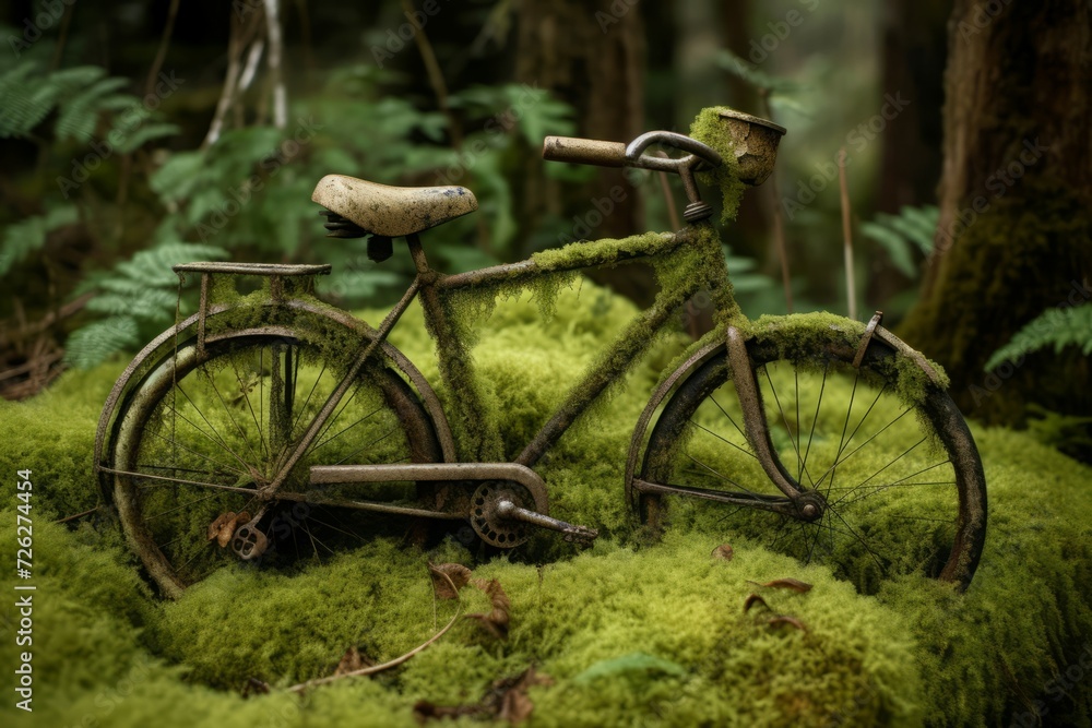 Old rusty bicycle covered with moss. Abandoned bike transport wild forest nature. Generate ai