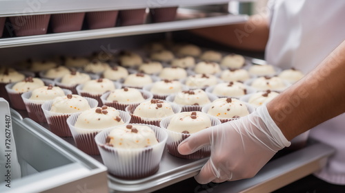 Close up view of hand in glove of baker man with a tray of cupcakes.  © Neira