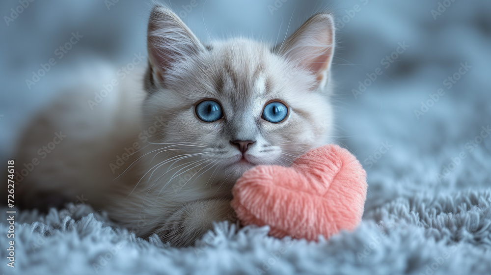 Kitten with a heart plush. Silver and cream tabby kitten with vibrant blue eyes holding a fluffy heart-shaped toy. Blue grey studio background. In the style of a cute animal Valentine's Day card.