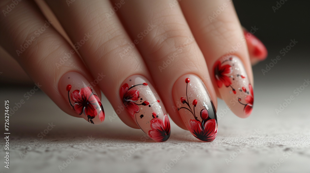Classy nude nail design. Red cherry blossom nails accentuated with silver glitter. Spring and summer nail art on short almond nail shape. Website landing page idea for a high-end nail salon. Classy nude nail design. Red cherry blossom nails accentuated with silver glitter. Spring and summer nail art on short almond nail shape. Website landing page idea for a high-end nail salon.