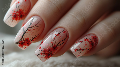 Intricate Japanese cherry nail art on a milky white glitter rubber base. Spring/summer nail art on long square nail shape. Product advertisement/website landing page idea, landscape orientation. photo