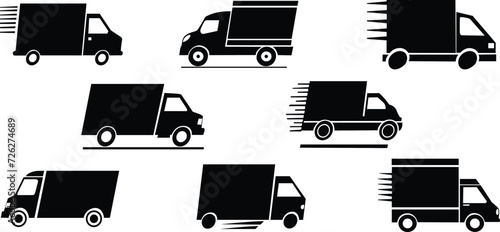 Fast shipping delivery truck silhouette vectors. Black and white fast shipping delivery truck icons. Vector illustration