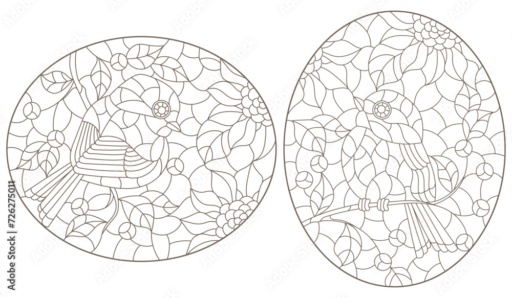 A set of contour illustrations in the style of stained glass with birds on tree branches, dark contours on a white background