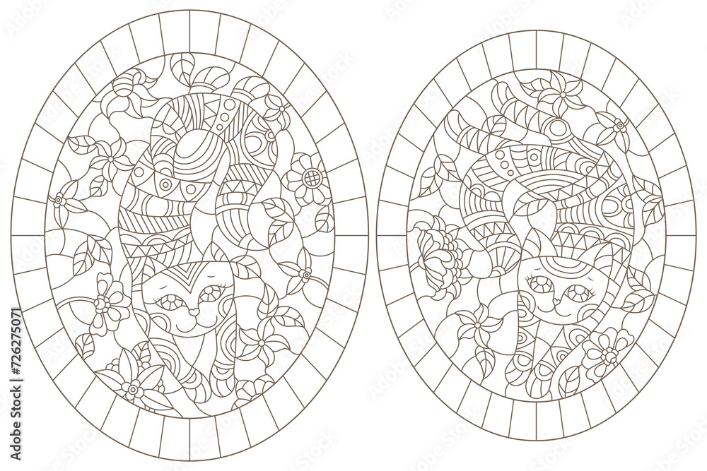 A set of contour illustrations of stained glass cats on a background of flowers, dark outline on a white background A set of contour illustrations of stained glass cats on a background of flowers, dark outline on a white background