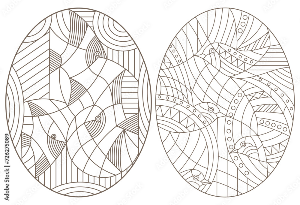 A set of contour illustrations in the style of stained glass with abstract fish and birds, dark outlines on a white background