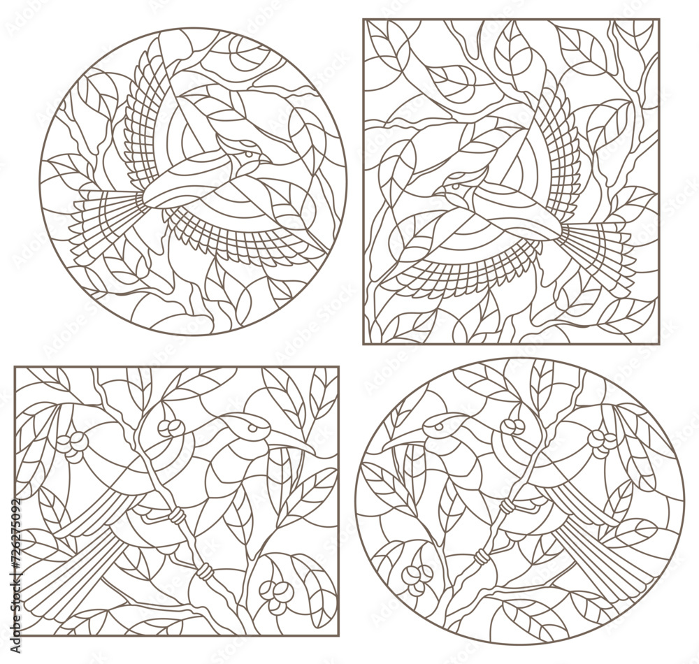 A set of contour illustrations of stained glass Windows with birds on the background of branches and leaves , dark contours on a white background