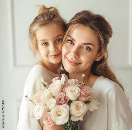 Woman and a girl holding flowers. A beaming bride and her young flower girl share a moment of love and joy as they delicately arrange ivory roses on a wall, surrounded by the beauty of floral design a