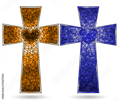 Set of illustrations in stained glass style with a Christian crosses, isolated on a white background, tone blue and brown