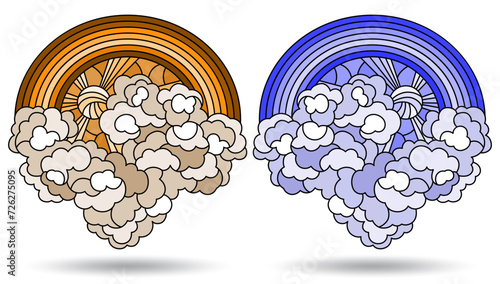 A set of illustrations in the style of stained glass with elements of celestial landscapes, isolated on a white background, tone blue and brown