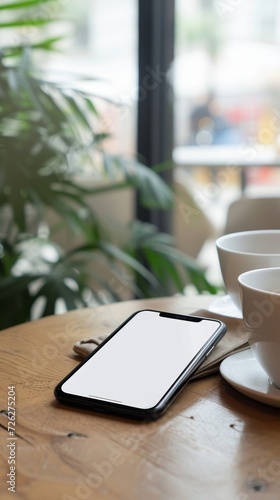 Coffee cup and smartphone phone on table with white blank screen. Modern work from home or office concept. Social media post, reels, productivity, technology, and break time visuals.