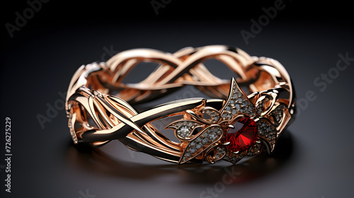 Jewelry ring with emerald on black background, aFree Photo,, A close up of a gold bracelet with red glass stones