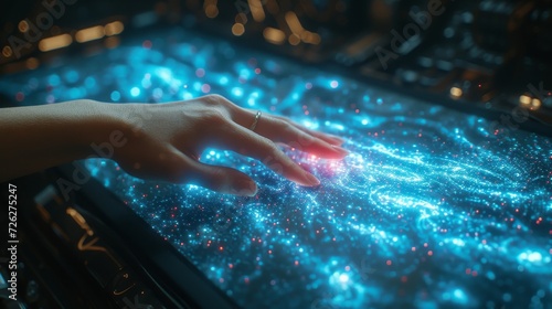 A woman's hand touches the metaverse universe. Digital transformation conceptual for next-generation technology.