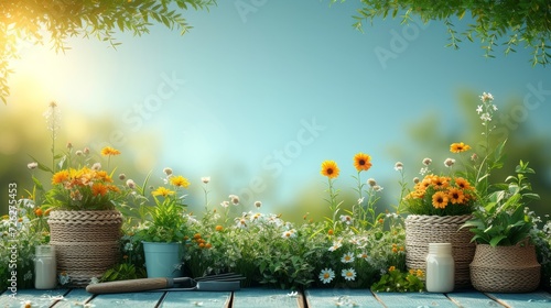 Spring landscape illustration with garden tools photo