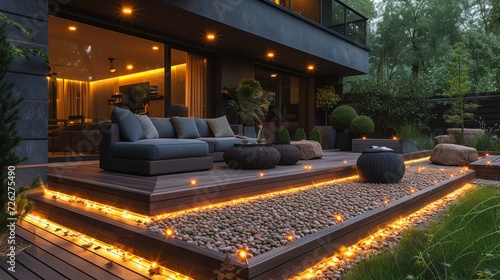 An evening in the garden of a beautiful suburban house with lights in the patio