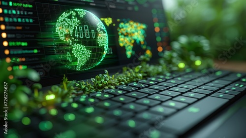 On the keyboard of the laptop, there is a green globe with stock graphs displayed on the laptop screen. This is a green business concept. Carbon efficient technology. Digital sustainability. It is the photo