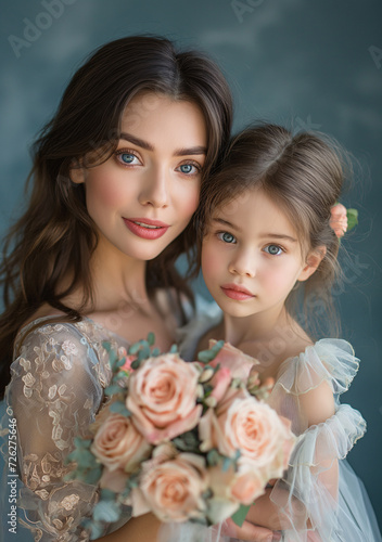 Woman and a girl posing for a picture. A radiant bride and her beaming flower girl adorned in elegant bridal clothing, showcasing a bond of love and joy amidst a beautiful indoor setting with a touch 