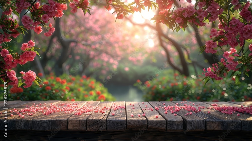 Template mockup for showcasing a product on a wooden table in a flower park with garden bokeh background