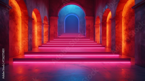 For product presentations, this neon futuristic podium or platform illustration shows a sci-fi corridor interior in a realistic style, inspired by sci-fi films