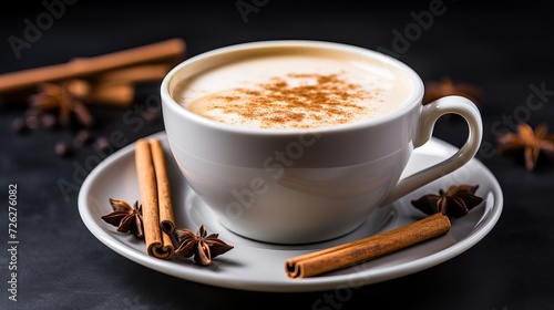 Traditional indian masala chai tea with milk and spices in a cup on table in modern kitchen