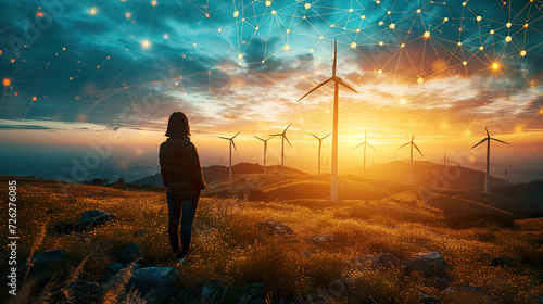 Person Admiring Wind Farm at Sunset with Digital Network ,  clean energy concept