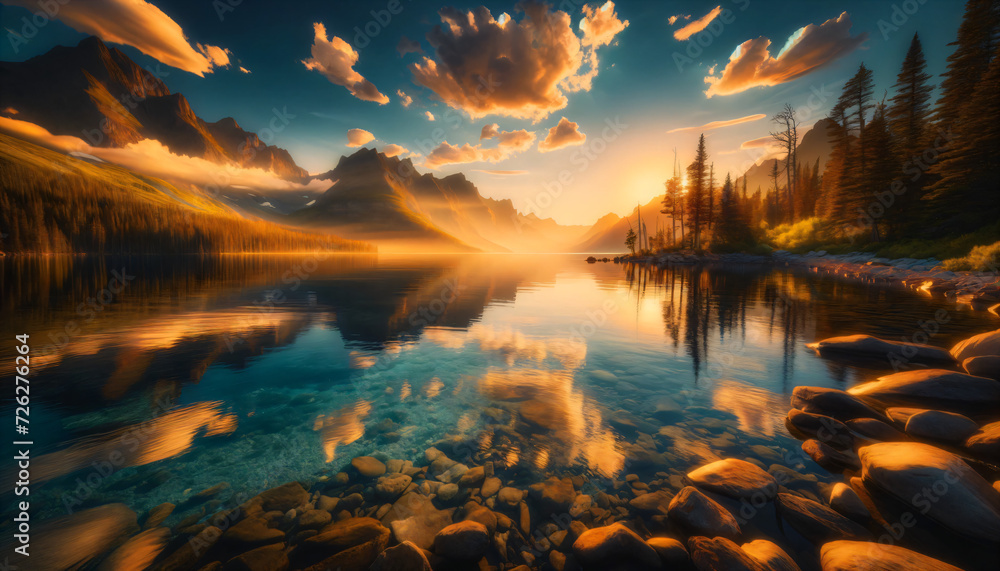 Serene landscape, featuring a calm lake with reflections of mountains and a few clouds. The golden light enhances the scene's tranquility and natural beauty. Peace and nature's splendor. Generative AI