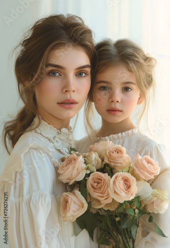 Mother and her young flower girl stand before a wall adorned with beautiful floral arrangements, the woman's wedding dress embellished with a stunning ivory headpiece and bouquet of roses