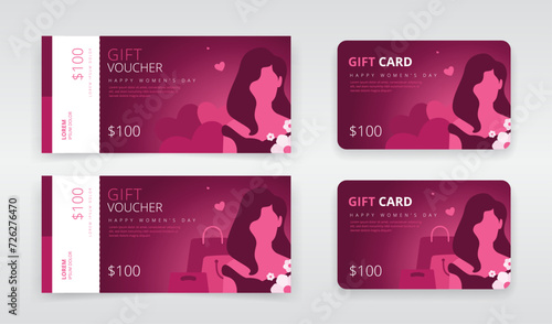 Gift voucher or gift card templates featuring a young woman, flowers and hearts. Can be used as regular or e-gift cards. Ideal for international women’s day sales promotions
