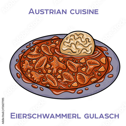 Eierschwammerl Gulash is a traditional Austrian dish made with chanterelle mushrooms, onions, garlic, paprika, and sour cream