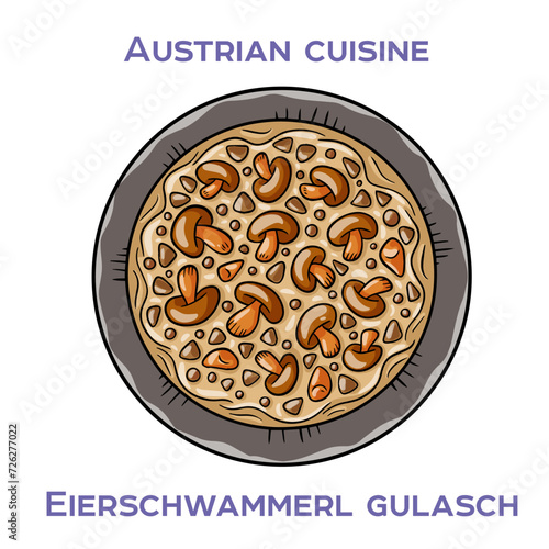 Eierschwammerl Gulash is a traditional Austrian dish made with chanterelle mushrooms, onions, garlic, paprika, and sour cream