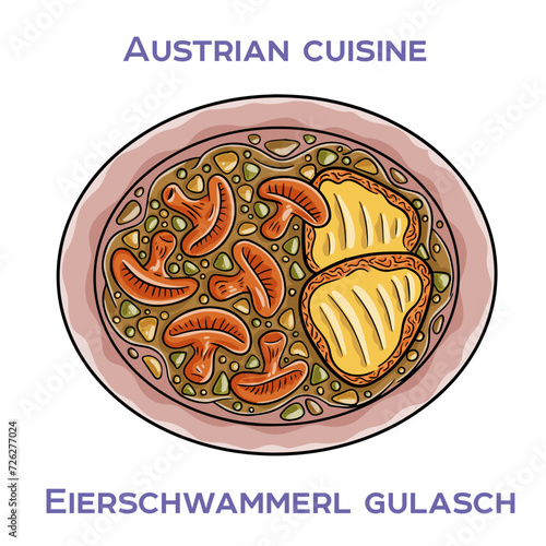 Eierschwammerl Gulash is a traditional Austrian dish made with chanterelle mushrooms, onions, garlic, paprika, and sour cream