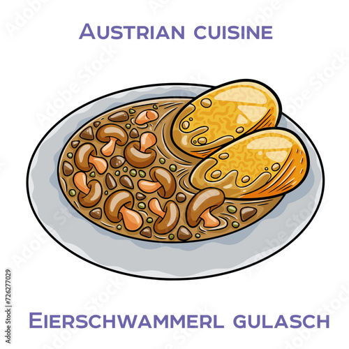 Eierschwammerl Gulash is a traditional Austrian dish made with chanterelle mushrooms, onions, garlic, paprika, and sour cream