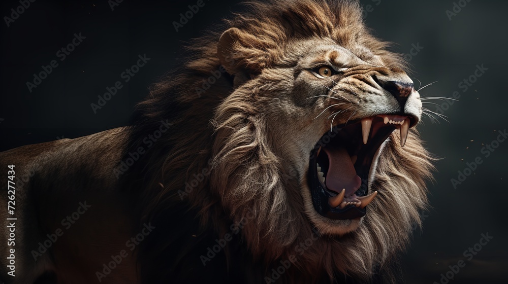 Portrait of a Roaring Lion with an Aggressive Stare


