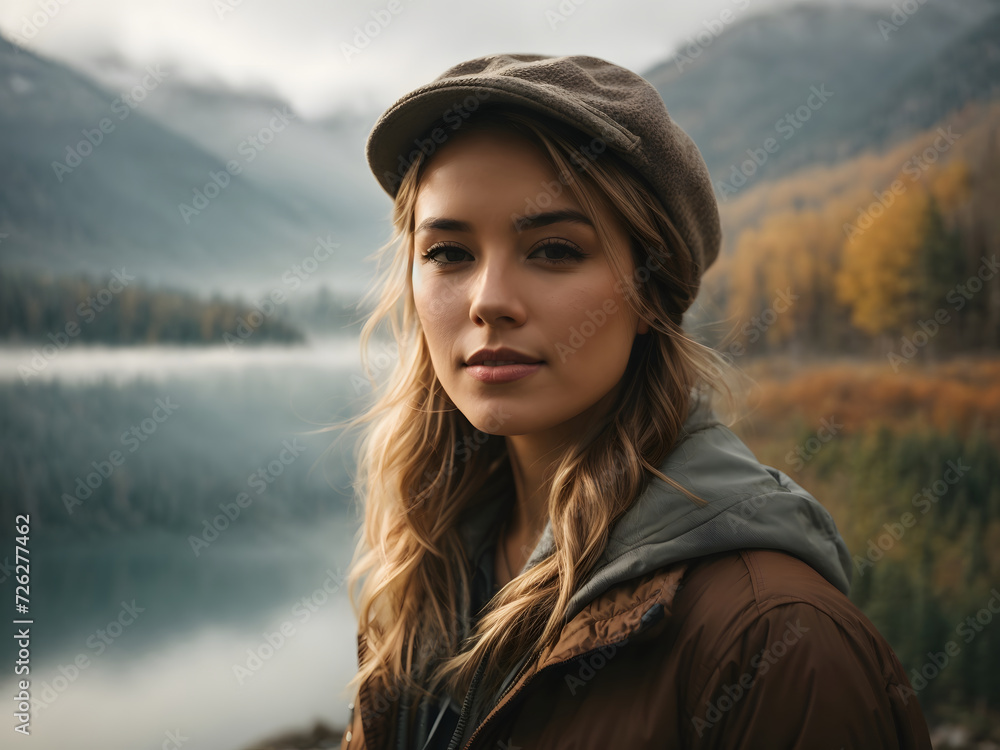 Young and beautiful woman in nature, female hiker at the misty mountain lake in a cold morning Young and beautiful woman in nature, female hiker at the misty mountain lake in a cold morning
