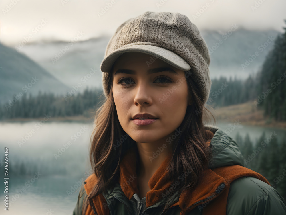 Young and beautiful woman in nature, female hiker at the misty mountain lake in a cold morning Young and beautiful woman in nature, female hiker at the misty mountain lake in a cold morning