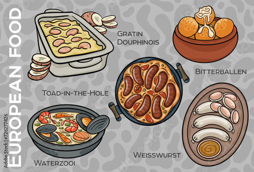 Popular Western & Central European Food Set. Hand-drawn & Vector.