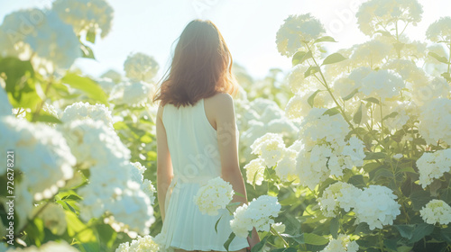 Girl standing amidst hydrangea flowers