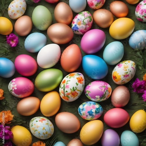 Colorful Easter eggs decoration with spring flowers