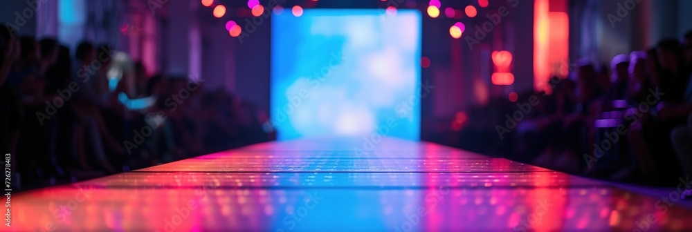 Empty floodlit catwalk for a fashion show with an audience. Trendy style event background Empty floodlit catwalk for a fashion show with an audience. Trendy style event background