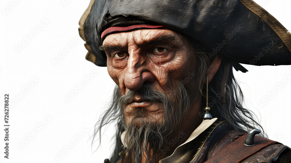 A jaw-dropping 3D rendering of a fearsome pirate, exuding an irresistible aura of adventure and danger. This highly detailed illustration captures every intricacy of the pirate's rugged appe A jaw-dropping 3D rendering of a fearsome pirate, exuding an irresistible aura of adventure and danger. This highly detailed illustration captures every intricacy of the pirate's rugged appe