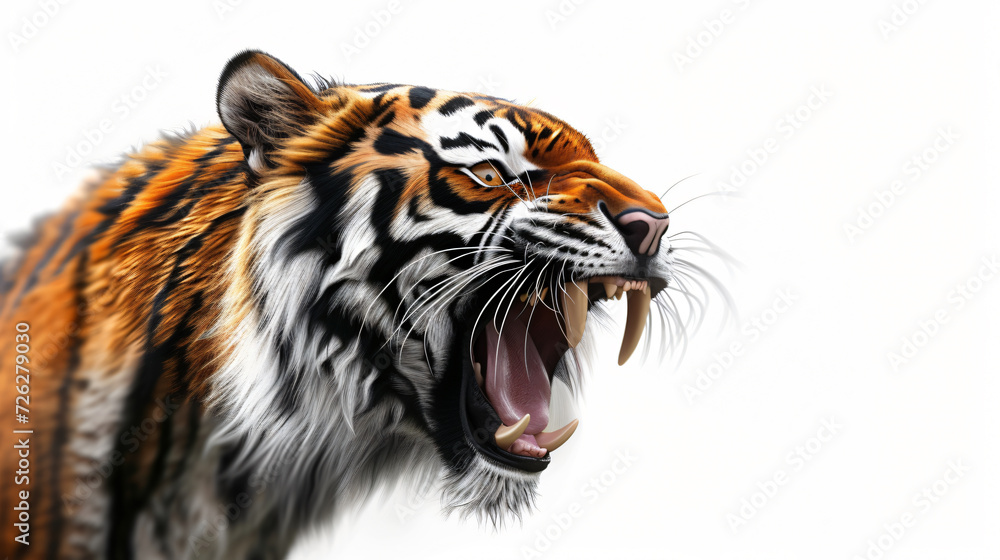 Fototapeta premium A stunning 3D rendering of a fierce tiger in all its glory. This super realistic artwork captures every intricate detail of its powerful physique, fiery eyes, and majestic presence. Perfectl