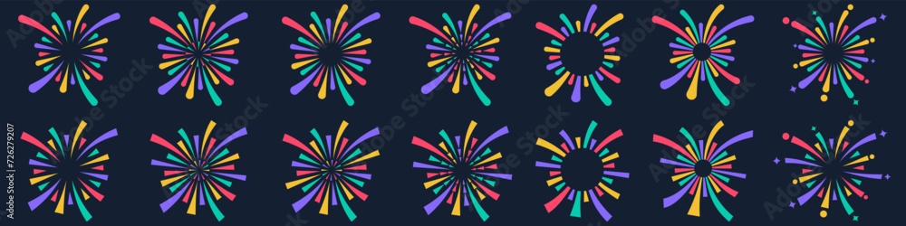 Set of creative fireworks explosion design vectors, ornament fireworks colorful design vector. Set of creative fireworks explosion design vectors, ornament fireworks colorful design vector.