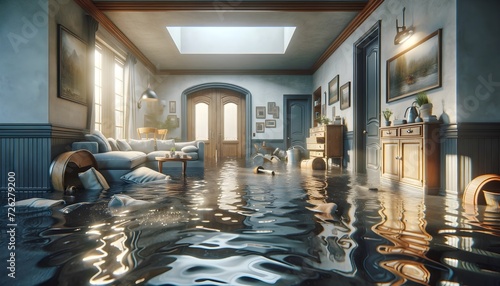 Aftermath of Flood: Waterlogged Home Floor Highlighting Urgency of Cleanup and Restoration
