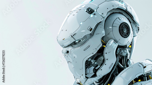 A mesmerizing stock image of a cutting-edge, futuristic robot in stunning 3D art style. With impeccable rendering and a sleek design, the robot stands isolated on a clean white background, r © Stock
