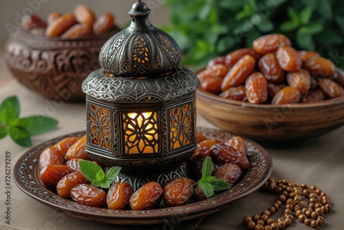 dates fruit in plate with decorative Holy month of Ramadan concept professional photography