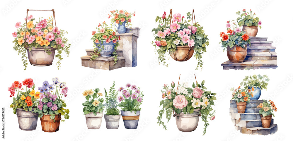Set of watercolor vintage flower pot, Bouquet, Sticker, Ornaments, png, generated ai