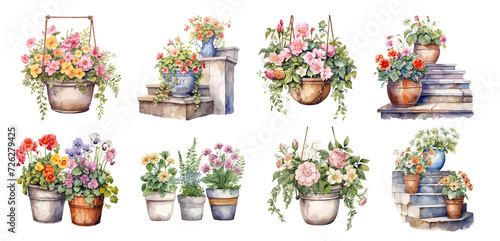 Set of watercolor vintage flower pot, Bouquet, Sticker, Ornaments, png, generated ai