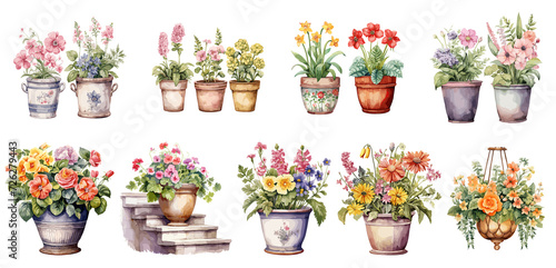 Set of watercolor vintage flower pot, Bouquet, Sticker, Ornaments, png, generated ai
