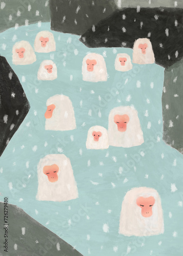 Obraz na płótnie 雪の日に温泉に入る猿のイラスト